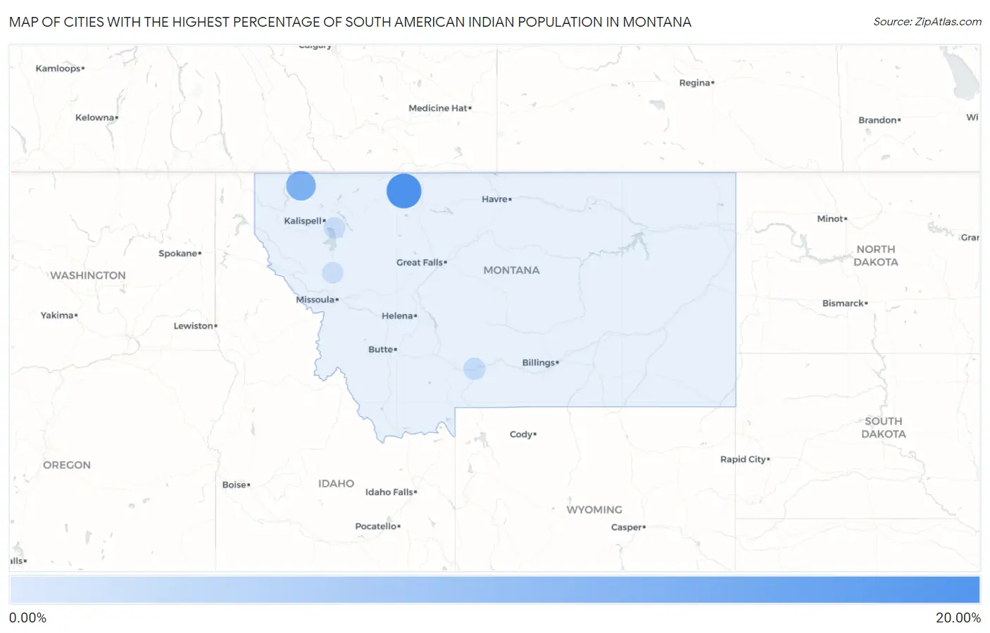 Cities with the Highest Percentage of South American Indian Population in Montana Map