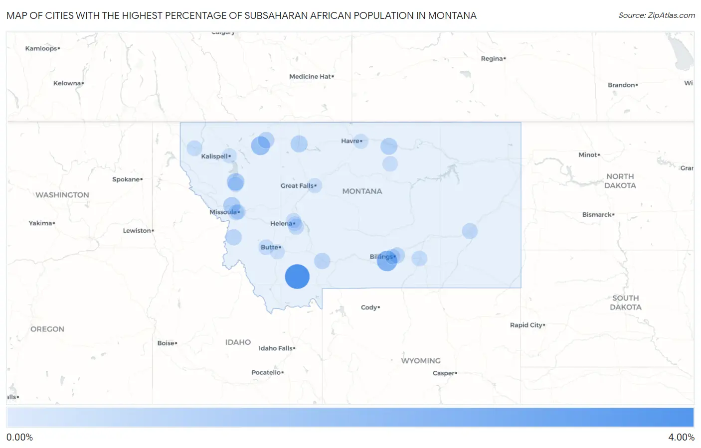 Cities with the Highest Percentage of Subsaharan African Population in Montana Map