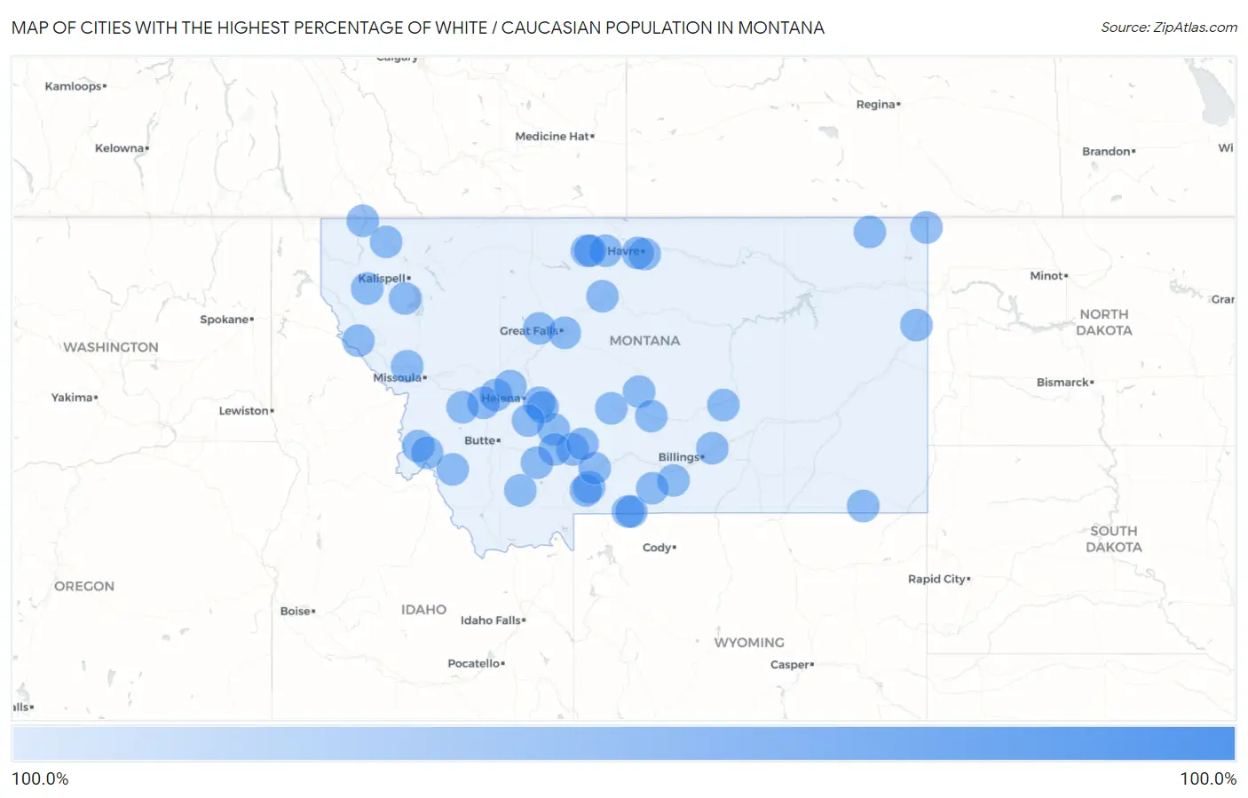 Cities with the Highest Percentage of White / Caucasian Population in Montana Map