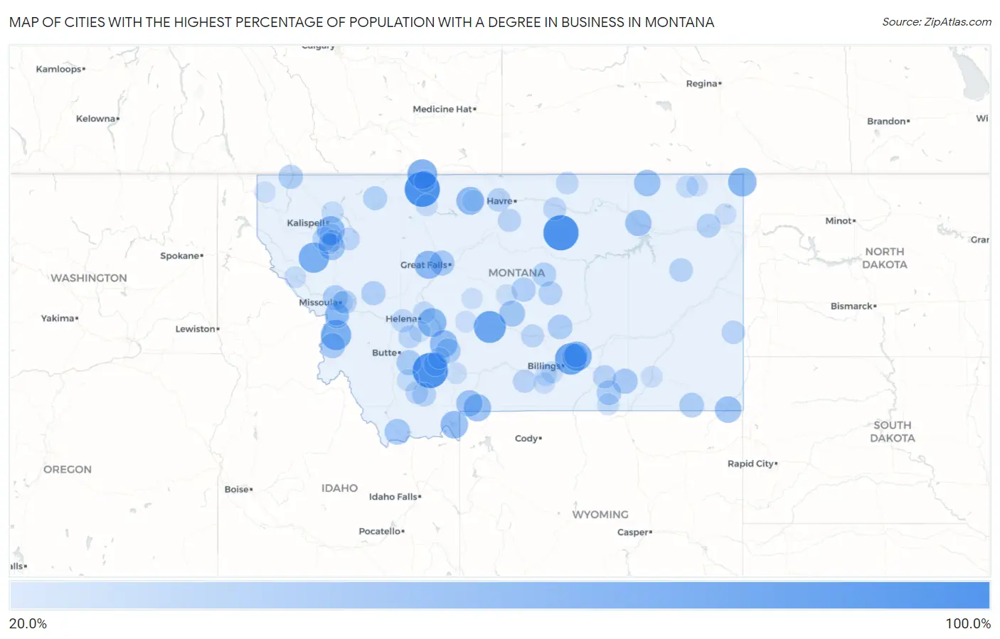 Cities with the Highest Percentage of Population with a Degree in Business in Montana Map
