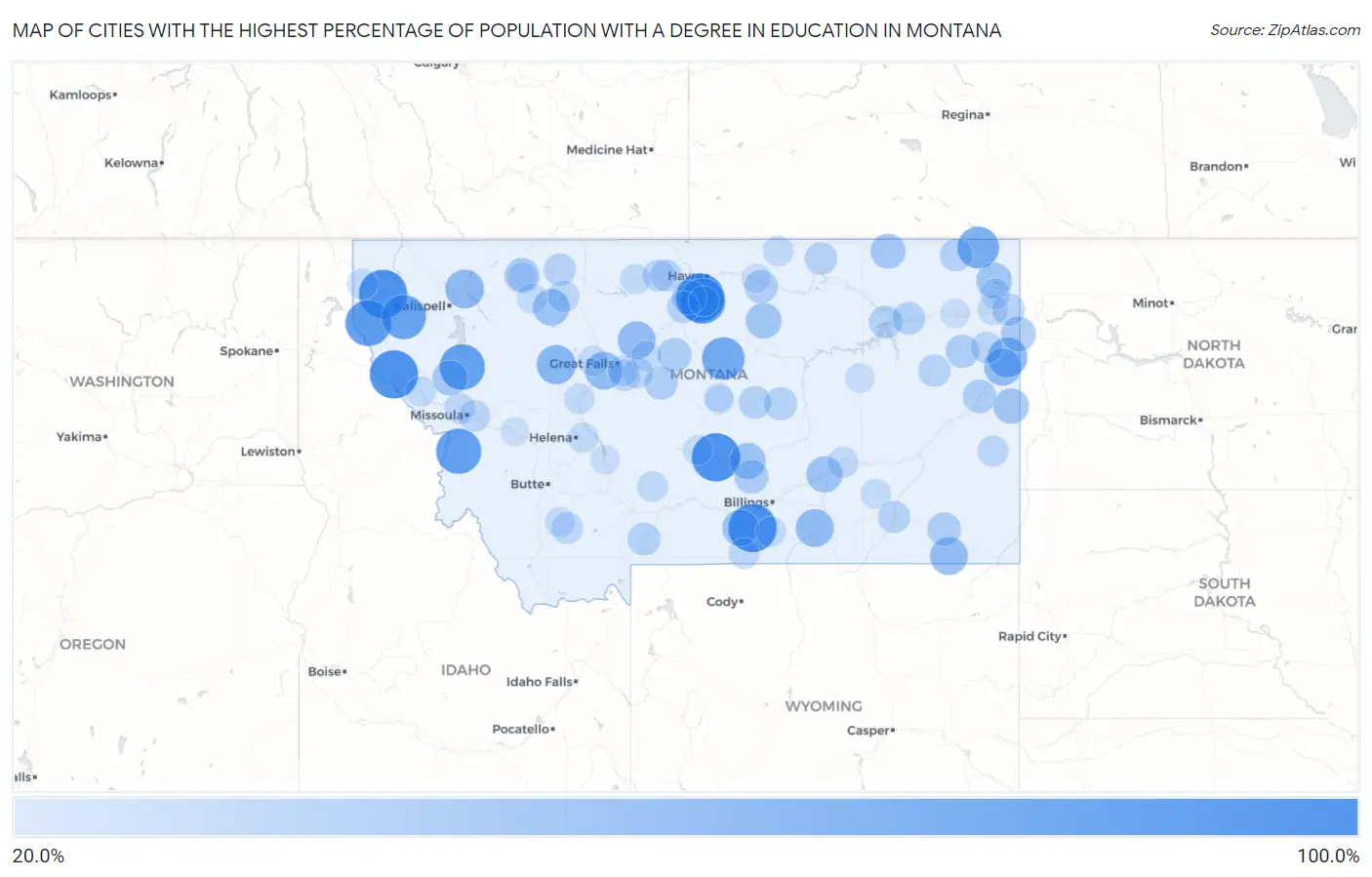 Cities with the Highest Percentage of Population with a Degree in Education in Montana Map