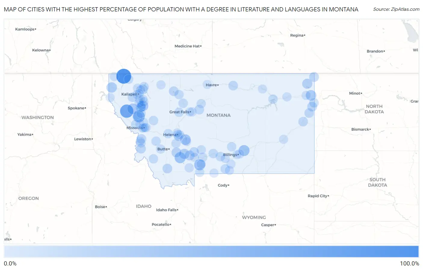 Cities with the Highest Percentage of Population with a Degree in Literature and Languages in Montana Map