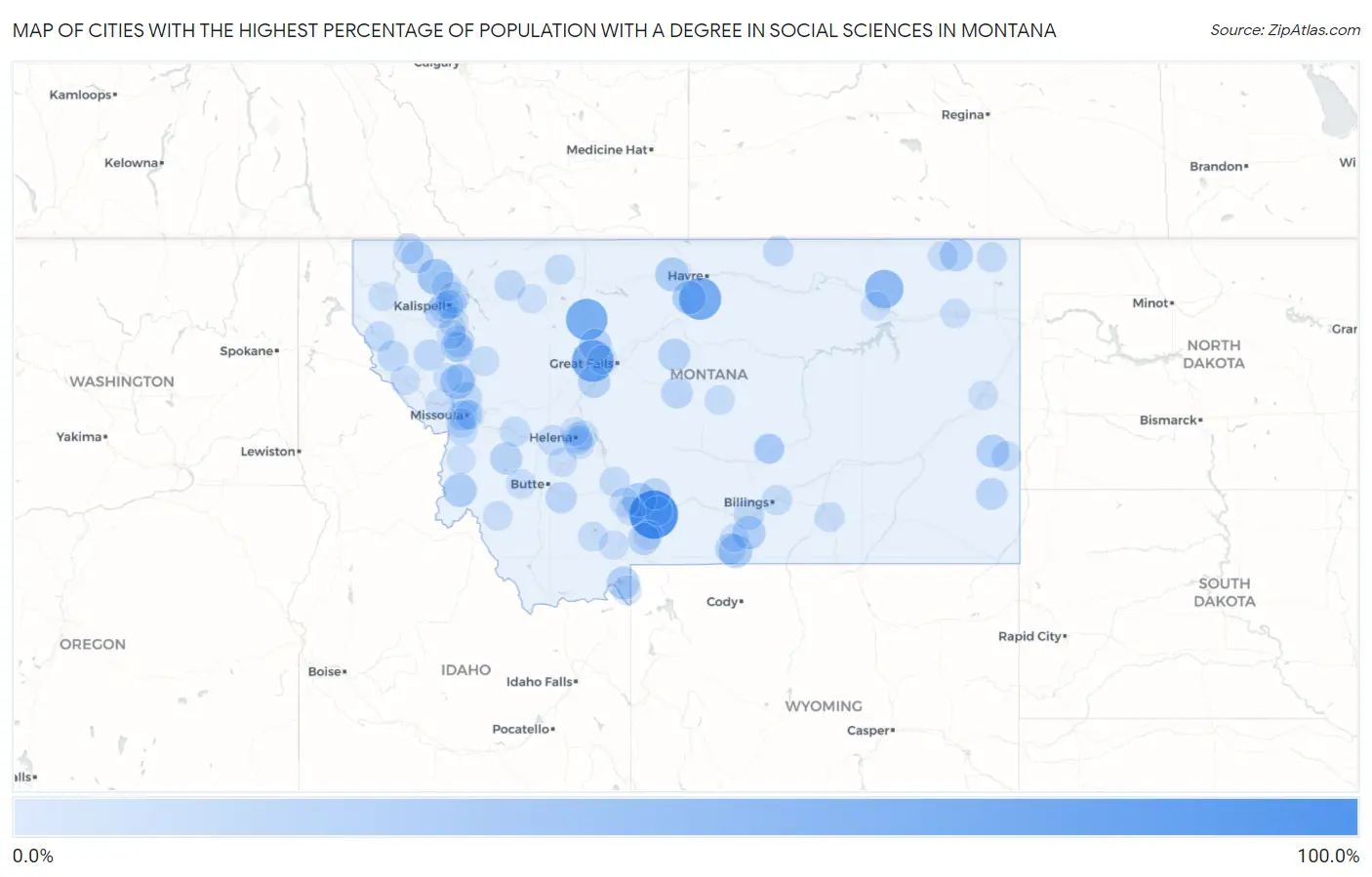 Cities with the Highest Percentage of Population with a Degree in Social Sciences in Montana Map