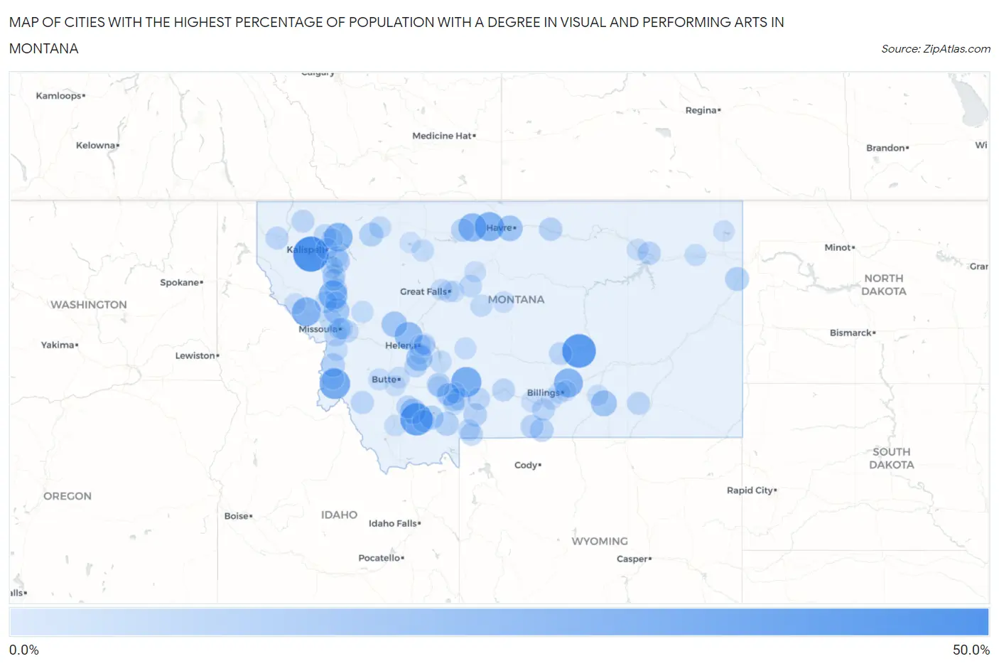 Cities with the Highest Percentage of Population with a Degree in Visual and Performing Arts in Montana Map