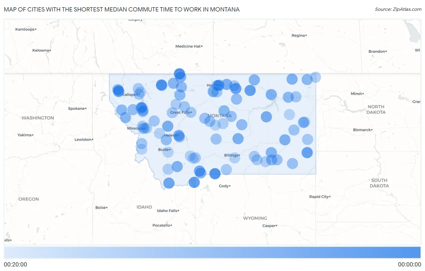 Cities with the Shortest Median Commute Time to Work in Montana Map