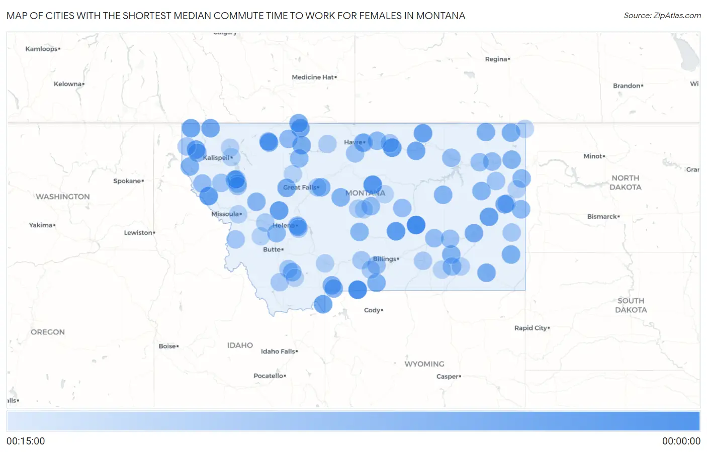 Cities with the Shortest Median Commute Time to Work for Females in Montana Map