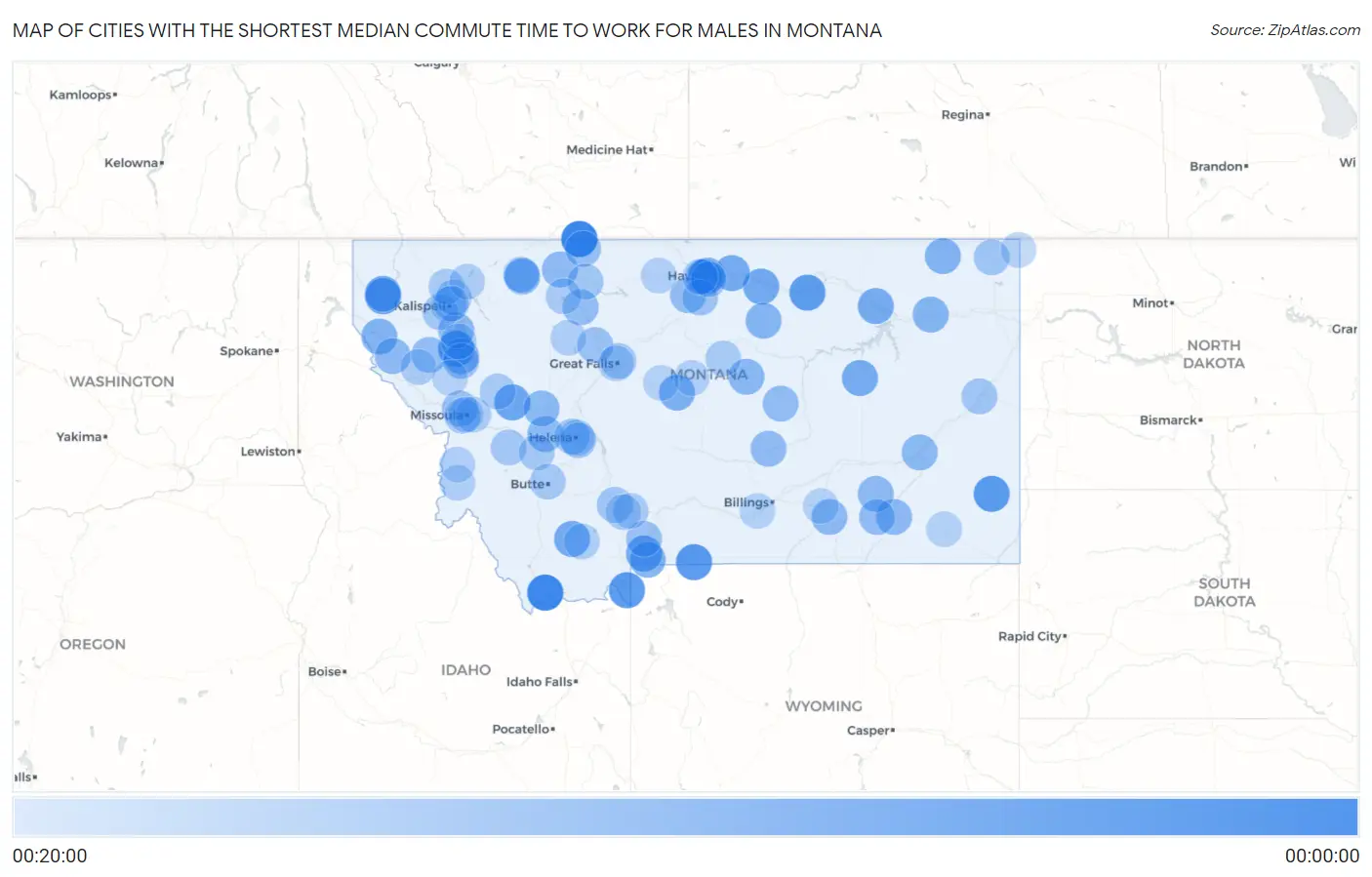 Cities with the Shortest Median Commute Time to Work for Males in Montana Map