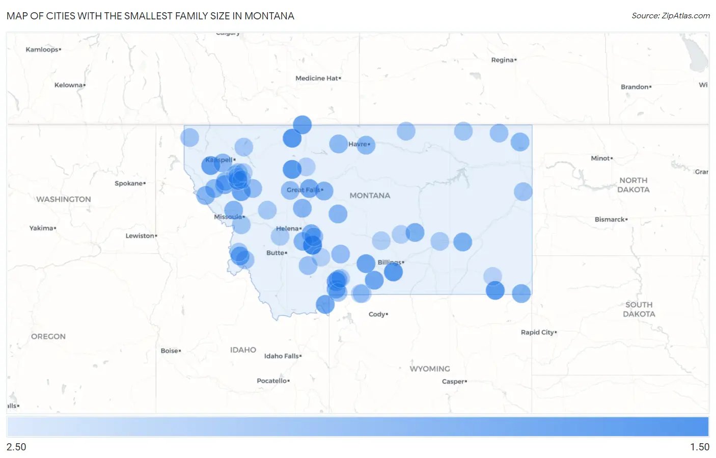 Cities with the Smallest Family Size in Montana Map