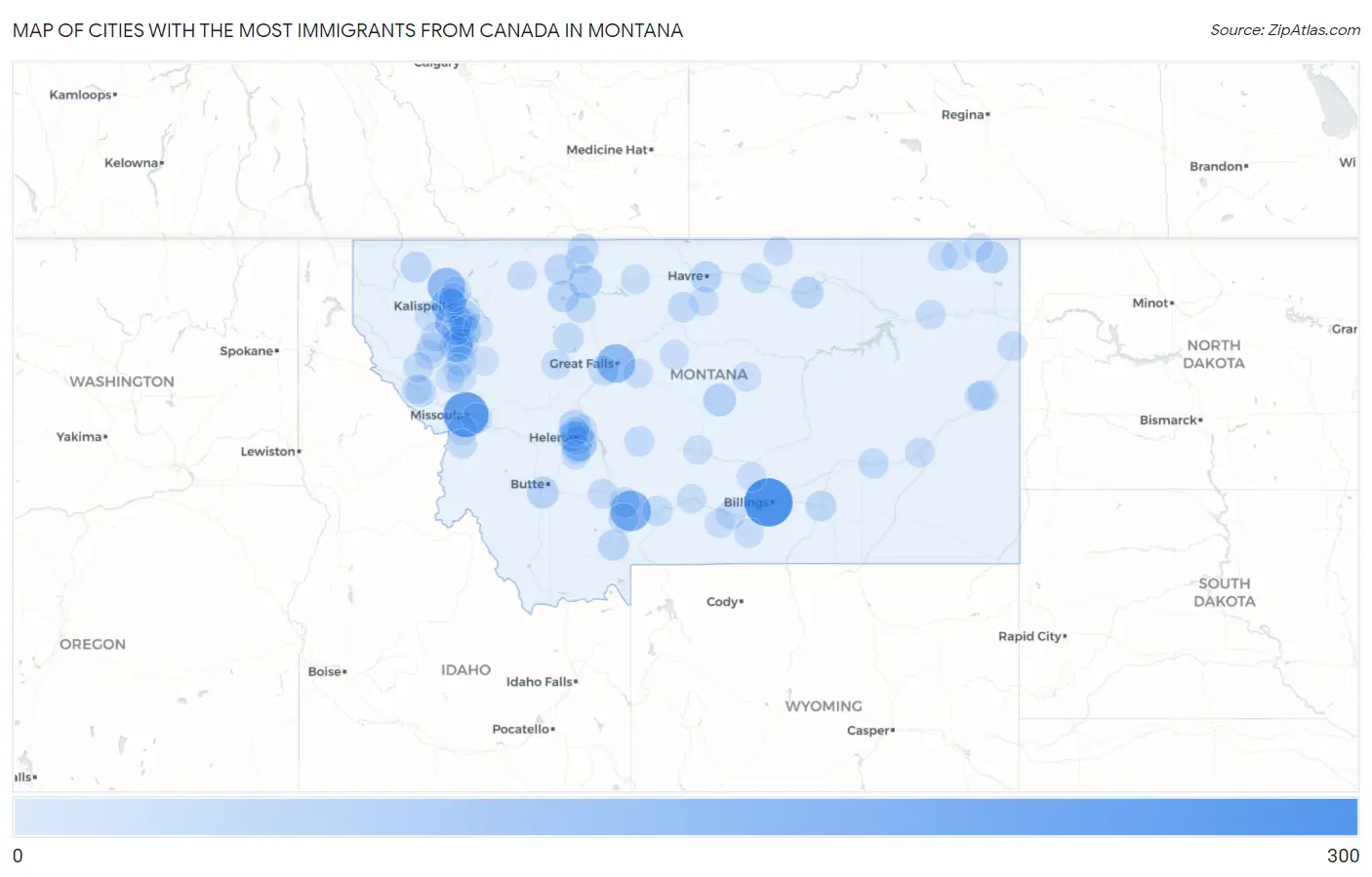 Cities with the Most Immigrants from Canada in Montana Map