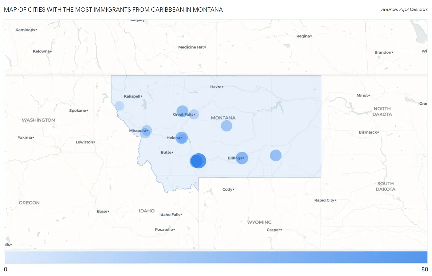 Cities with the Most Immigrants from Caribbean in Montana Map