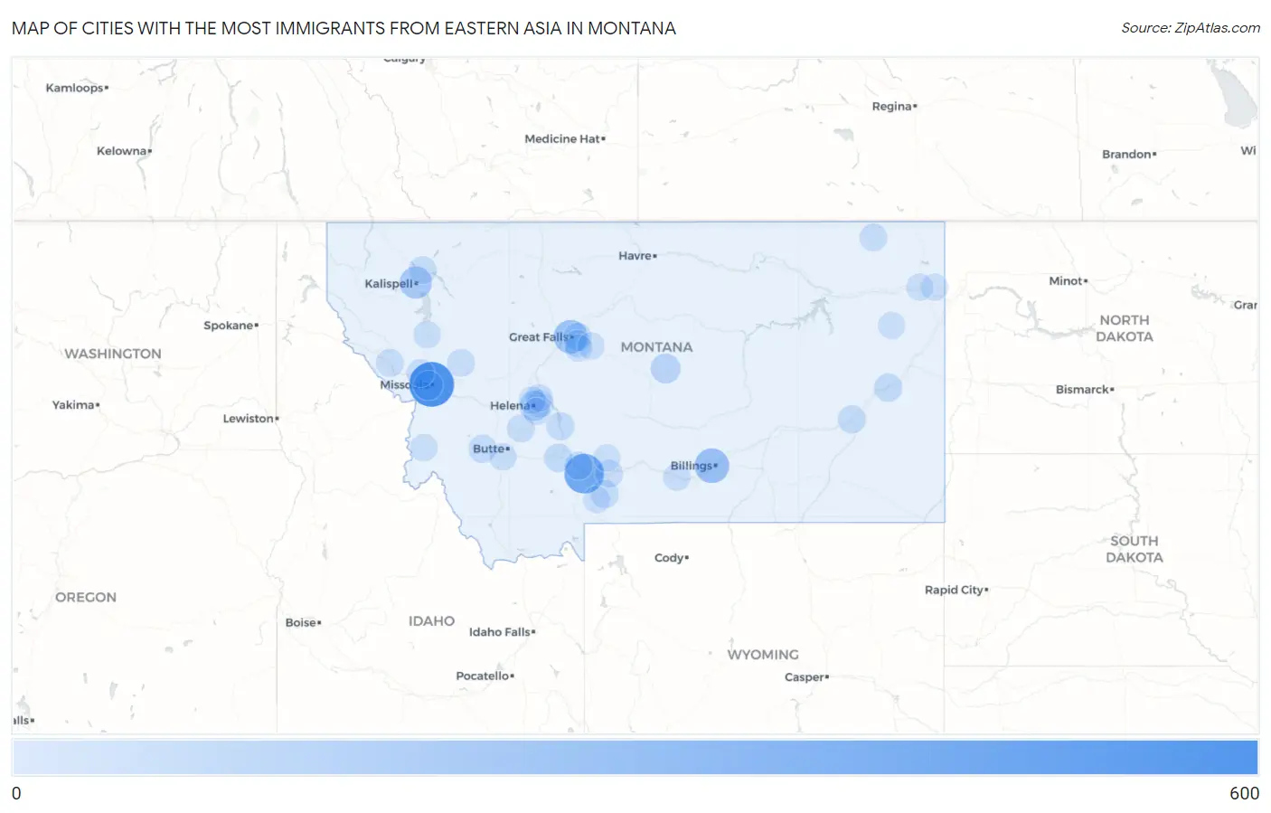 Cities with the Most Immigrants from Eastern Asia in Montana Map