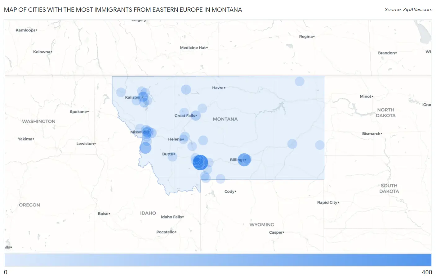 Cities with the Most Immigrants from Eastern Europe in Montana Map