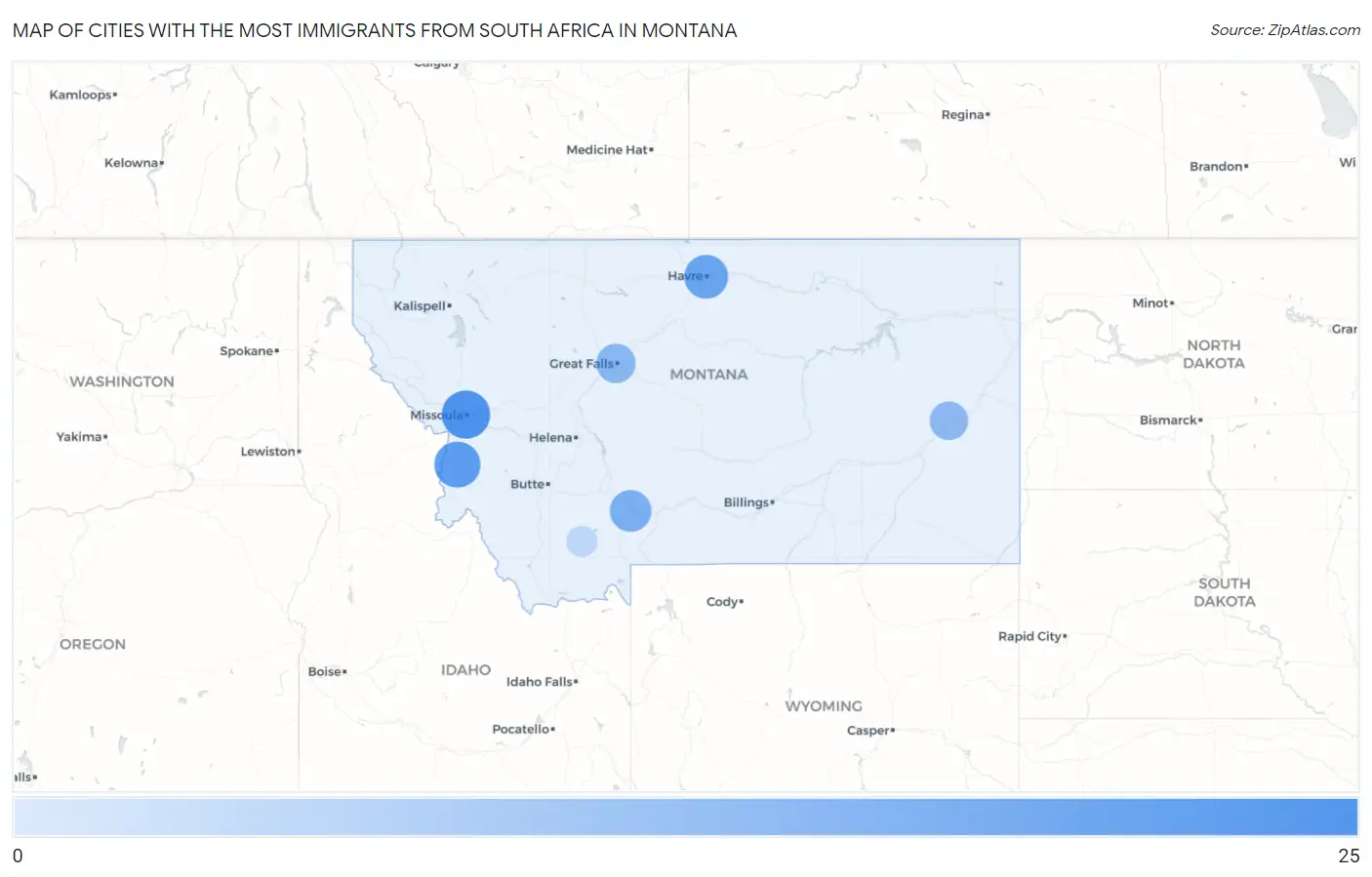 Cities with the Most Immigrants from South Africa in Montana Map