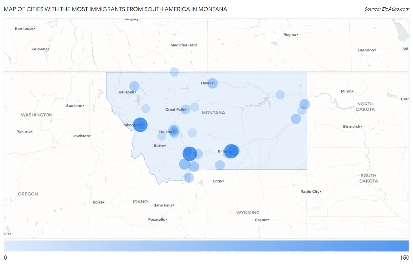 Cities with the Most Immigrants from South America in Montana Map