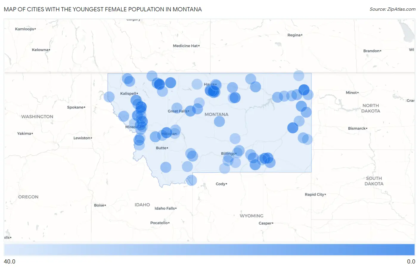 Cities with the Youngest Female Population in Montana Map