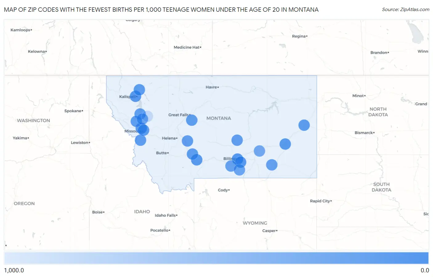 Zip Codes with the Fewest Births per 1,000 Teenage Women Under the Age of 20 in Montana Map