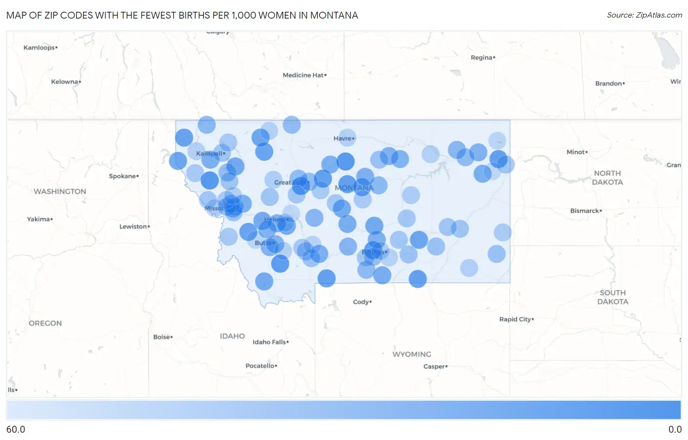 Zip Codes with the Fewest Births per 1,000 Women in Montana Map