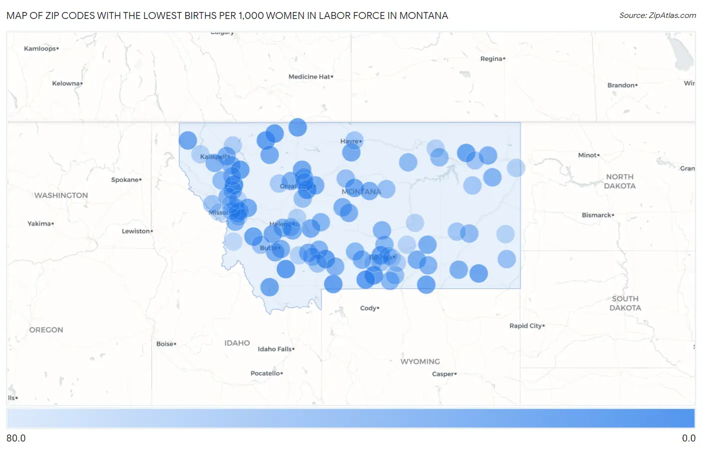 Zip Codes with the Lowest Births per 1,000 Women in Labor Force in Montana Map