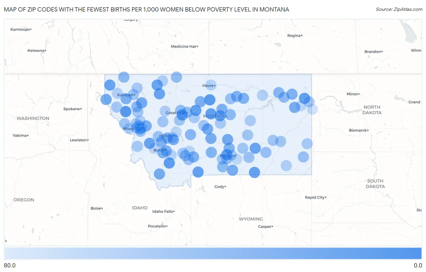 Zip Codes with the Fewest Births per 1,000 Women Below Poverty Level in Montana Map