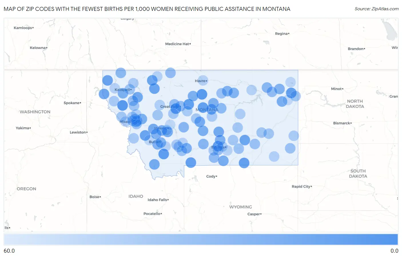 Zip Codes with the Fewest Births per 1,000 Women Receiving Public Assitance in Montana Map