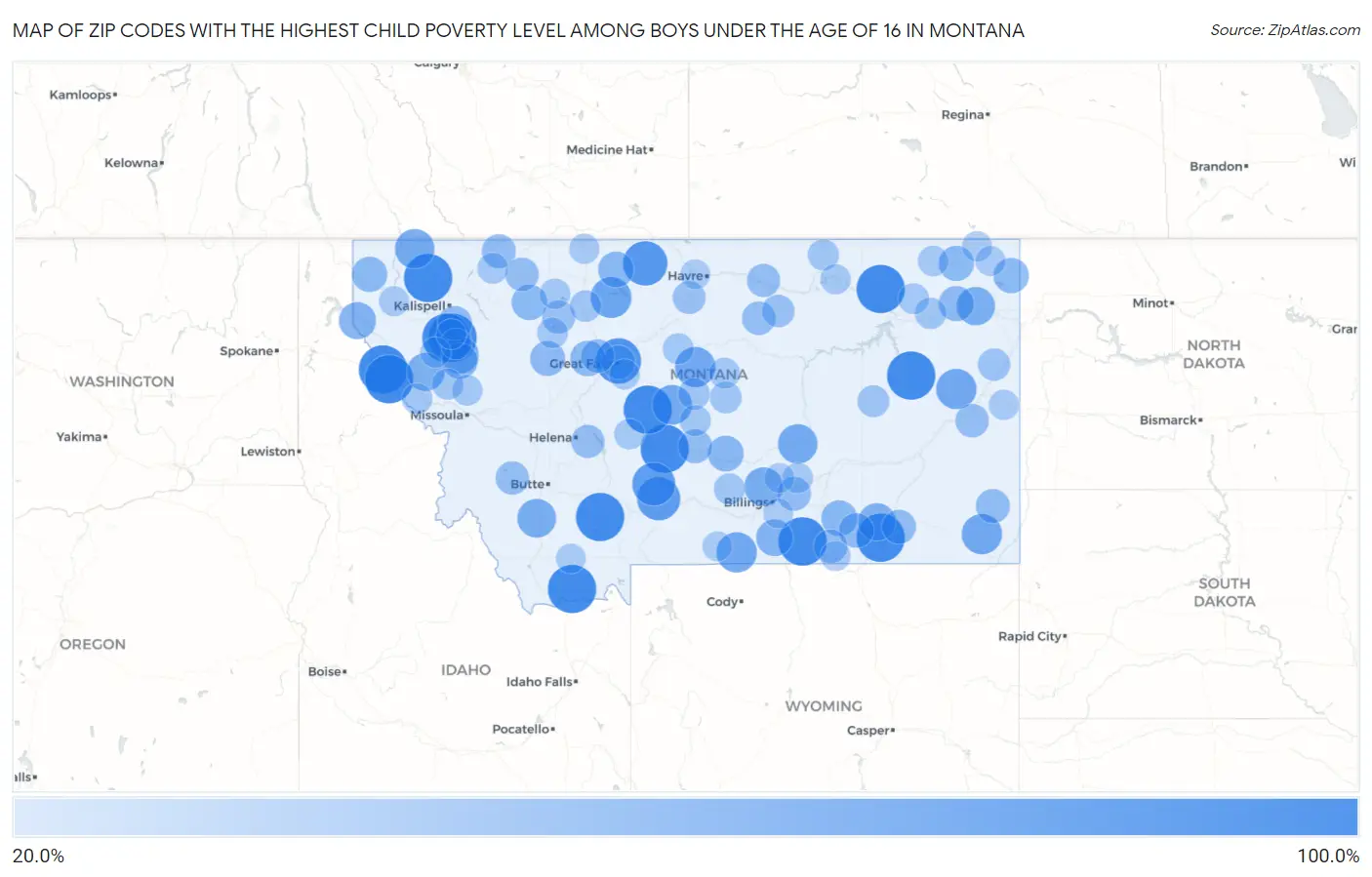 Zip Codes with the Highest Child Poverty Level Among Boys Under the Age of 16 in Montana Map