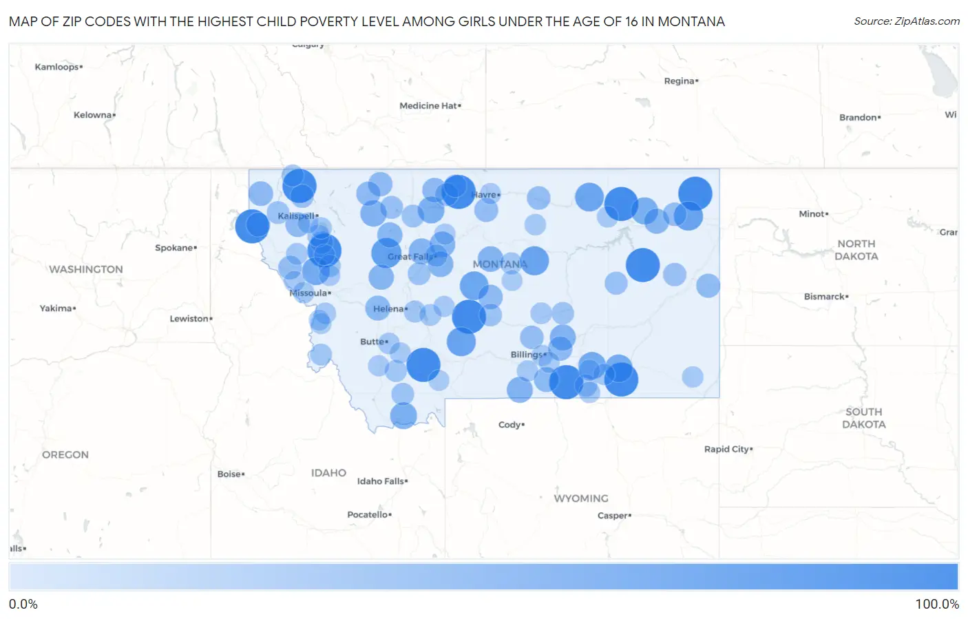 Zip Codes with the Highest Child Poverty Level Among Girls Under the Age of 16 in Montana Map