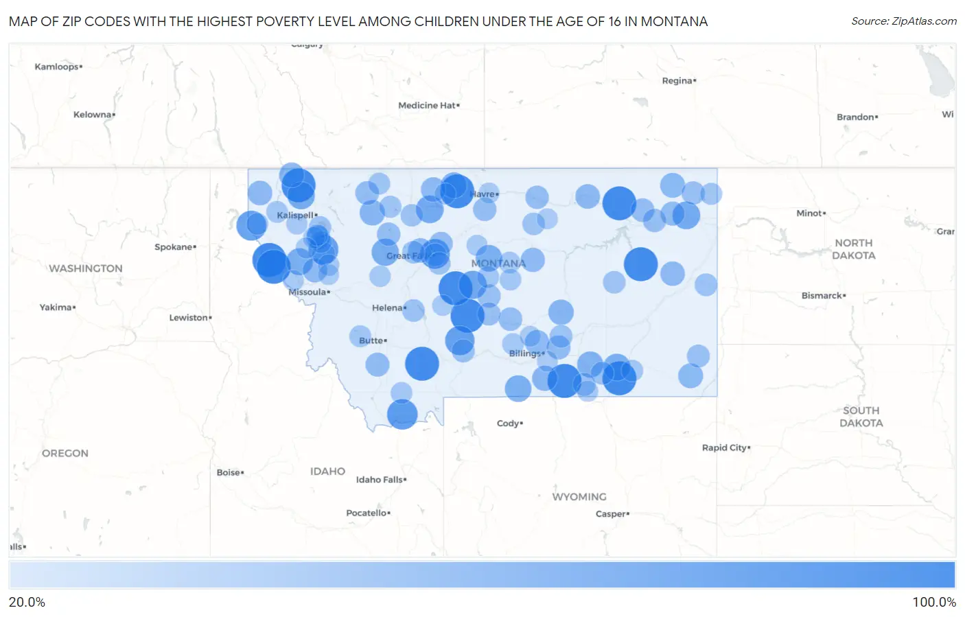 Zip Codes with the Highest Poverty Level Among Children Under the Age of 16 in Montana Map