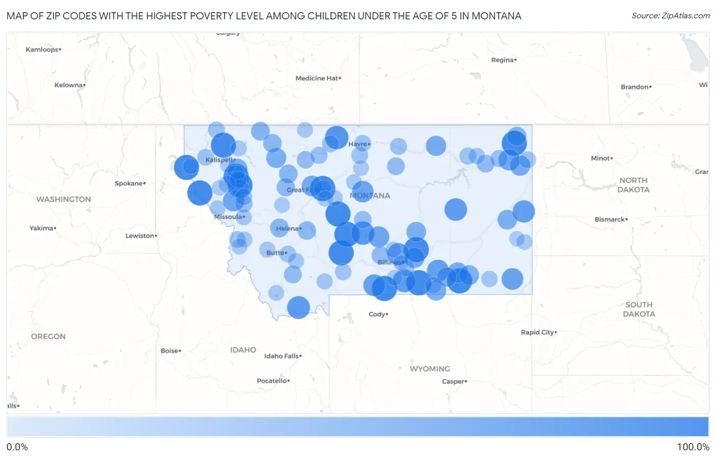 Zip Codes with the Highest Poverty Level Among Children Under the Age of 5 in Montana Map