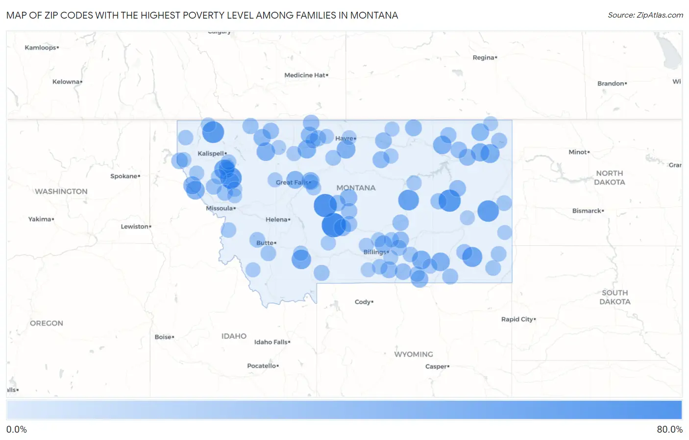 Zip Codes with the Highest Poverty Level Among Families in Montana Map