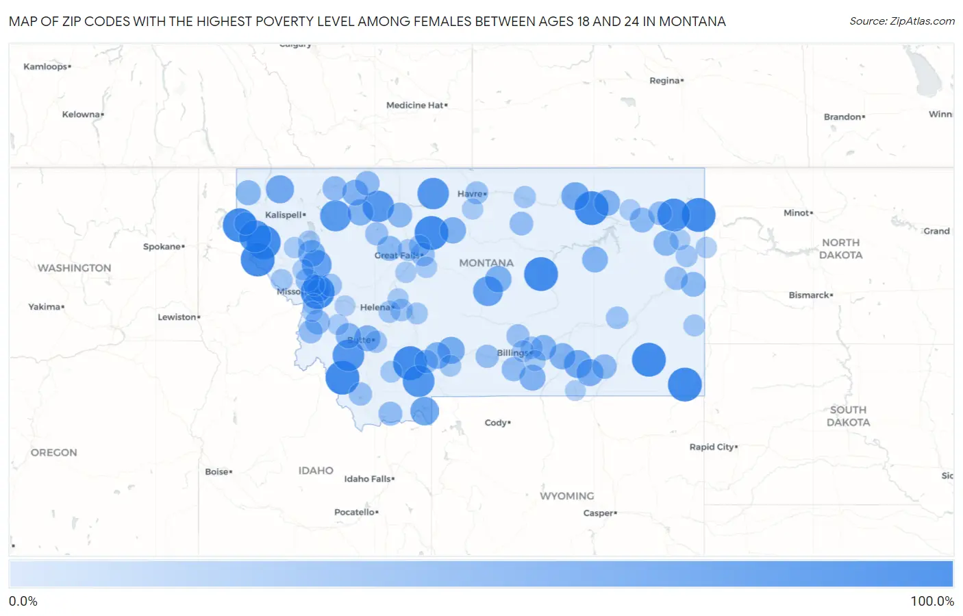 Zip Codes with the Highest Poverty Level Among Females Between Ages 18 and 24 in Montana Map