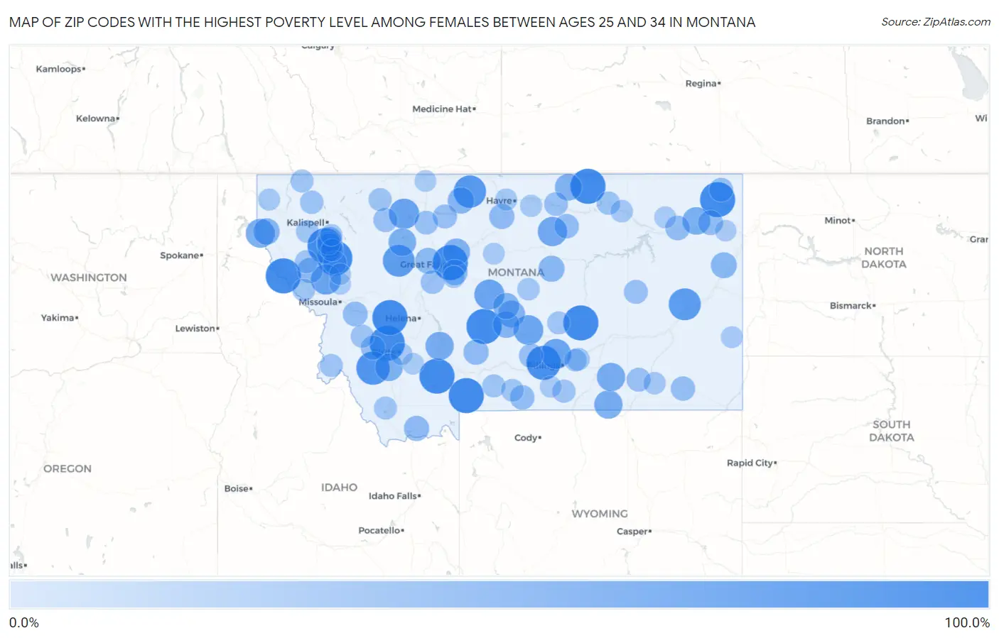 Zip Codes with the Highest Poverty Level Among Females Between Ages 25 and 34 in Montana Map