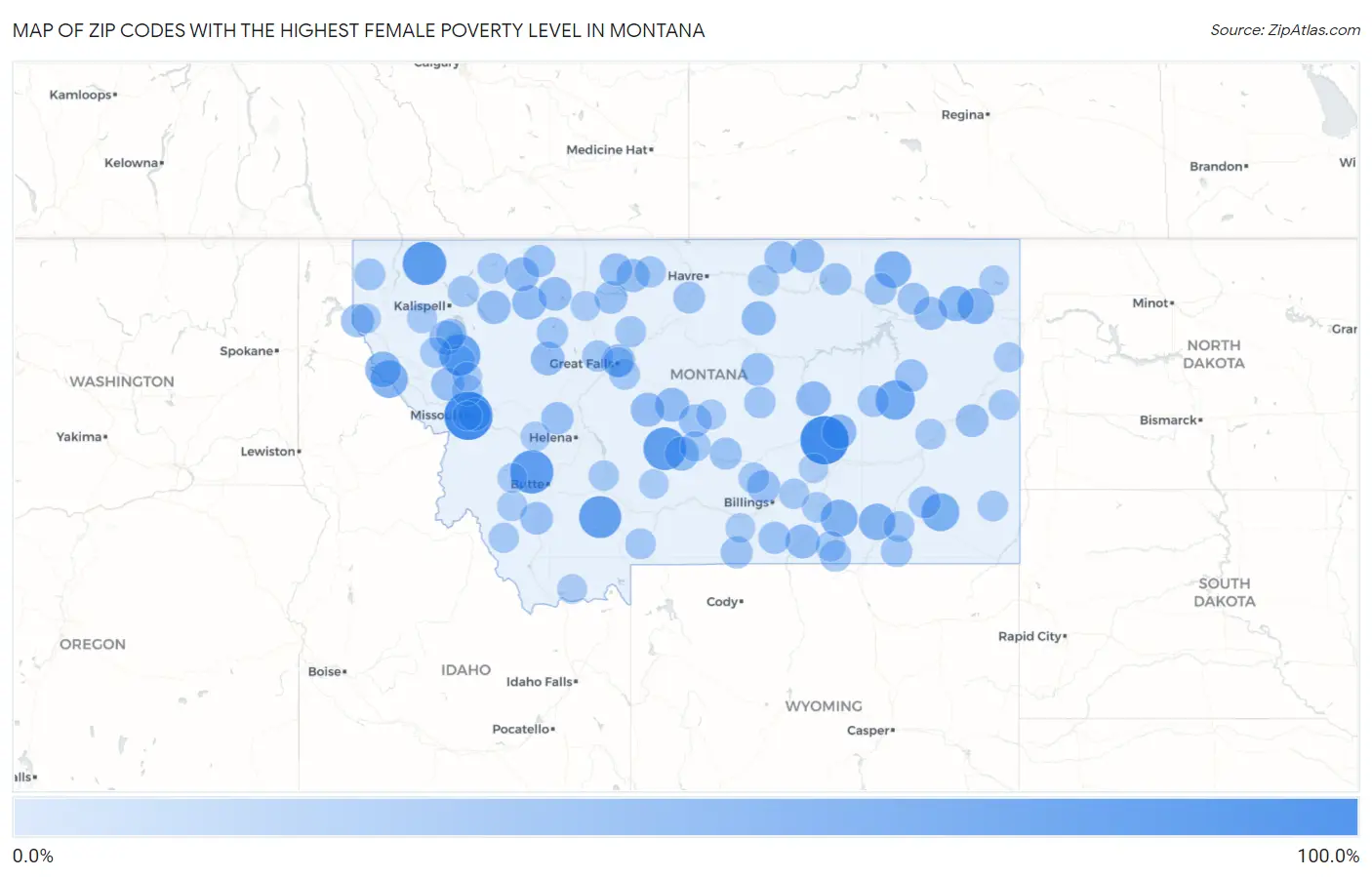 Zip Codes with the Highest Female Poverty Level in Montana Map