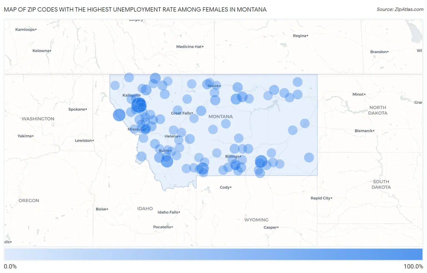 Zip Codes with the Highest Unemployment Rate Among Females in Montana Map
