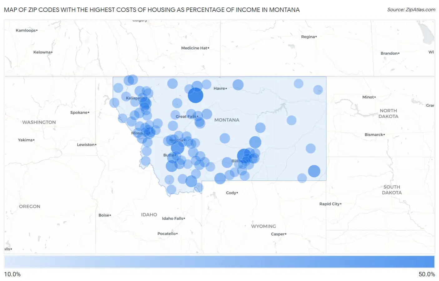 Zip Codes with the Highest Costs of Housing as Percentage of Income in Montana Map