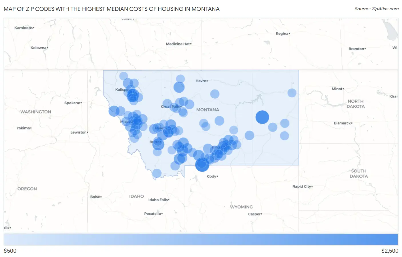 Zip Codes with the Highest Median Costs of Housing in Montana Map