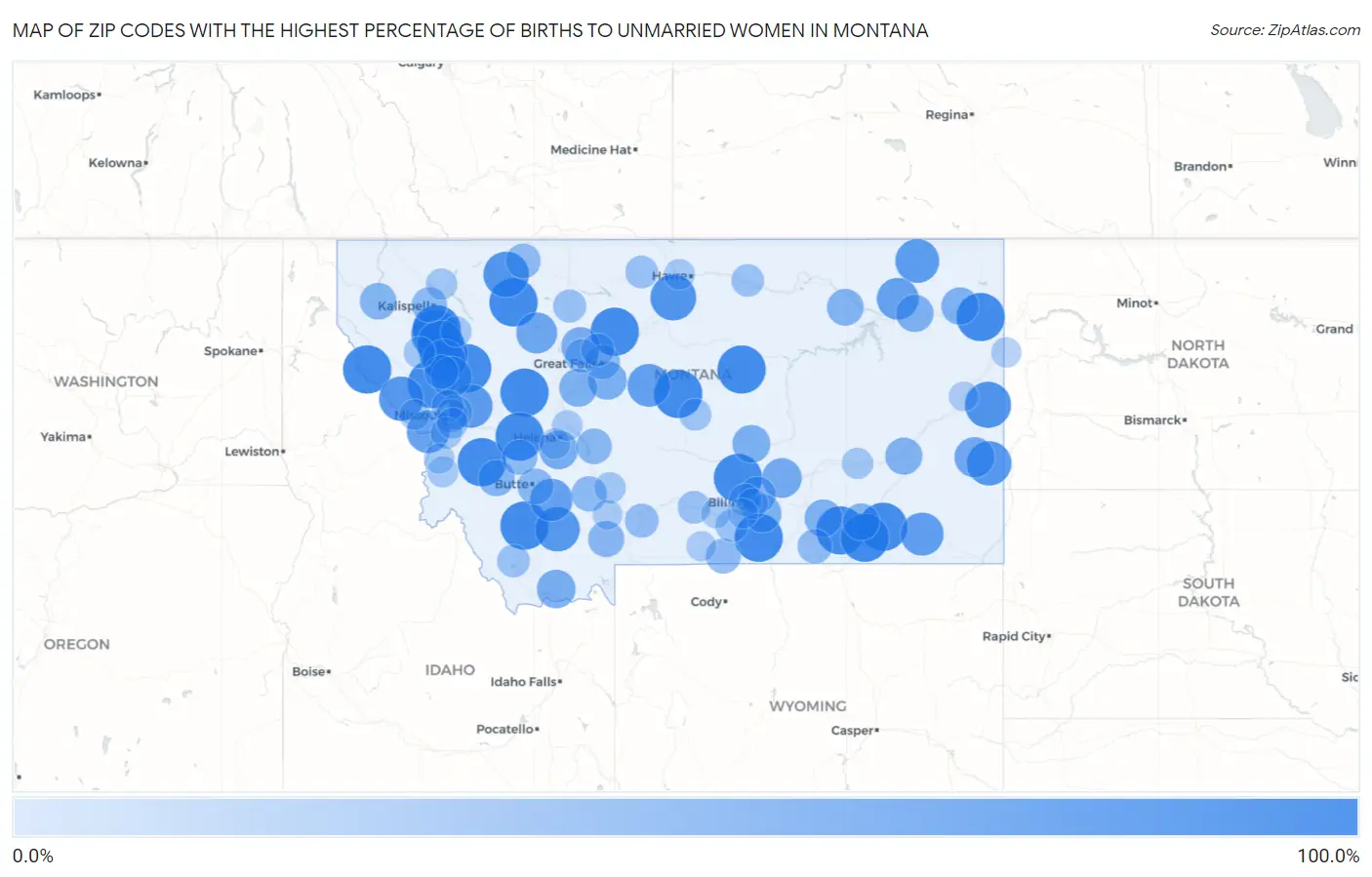Zip Codes with the Highest Percentage of Births to Unmarried Women in Montana Map