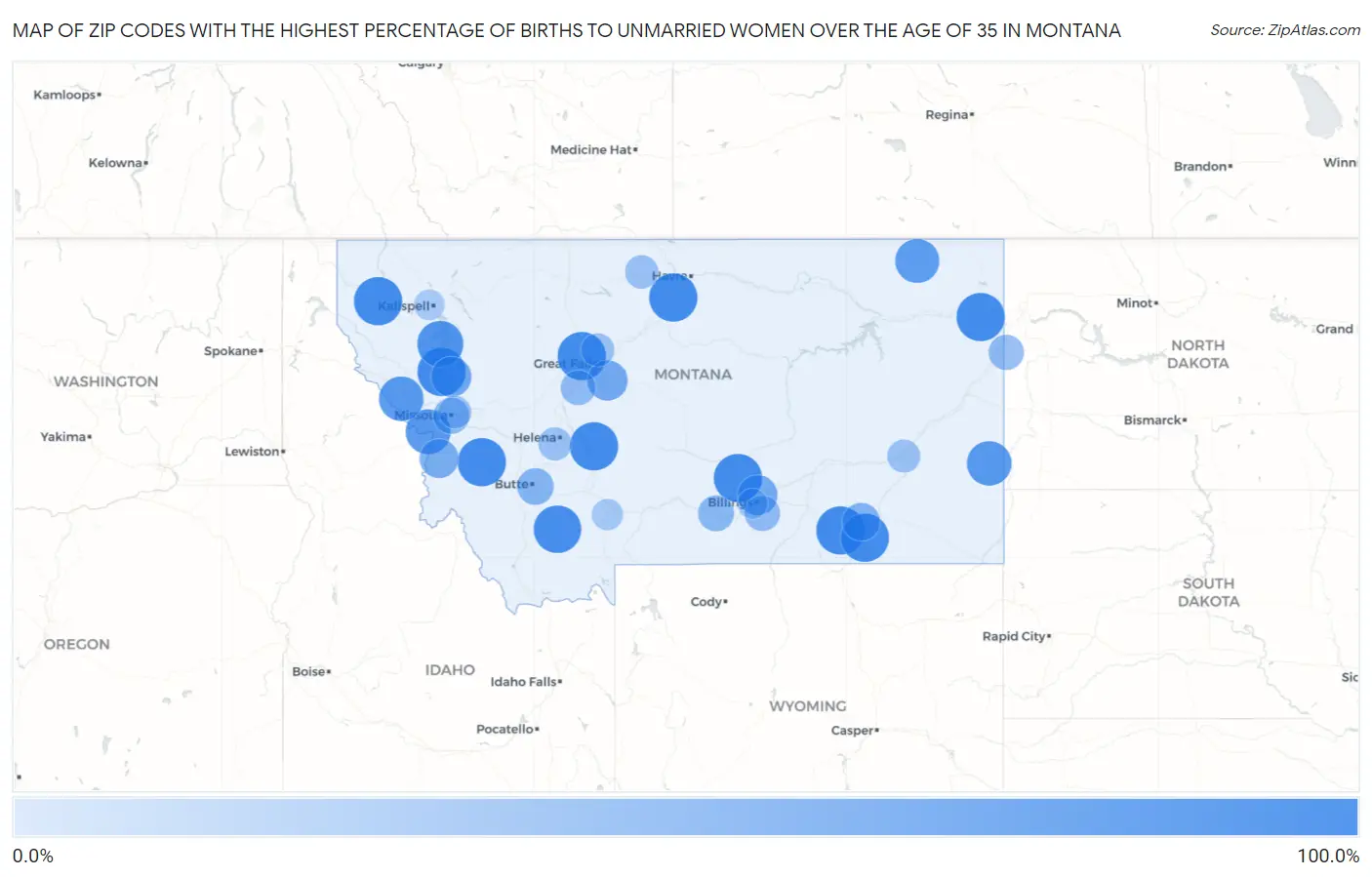 Zip Codes with the Highest Percentage of Births to Unmarried Women over the Age of 35 in Montana Map