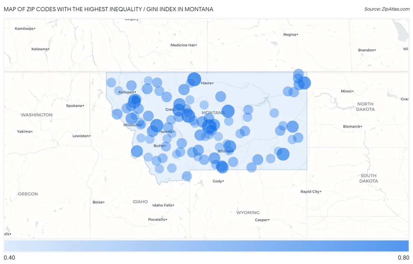 Zip Codes with the Highest Inequality / Gini Index in Montana Map