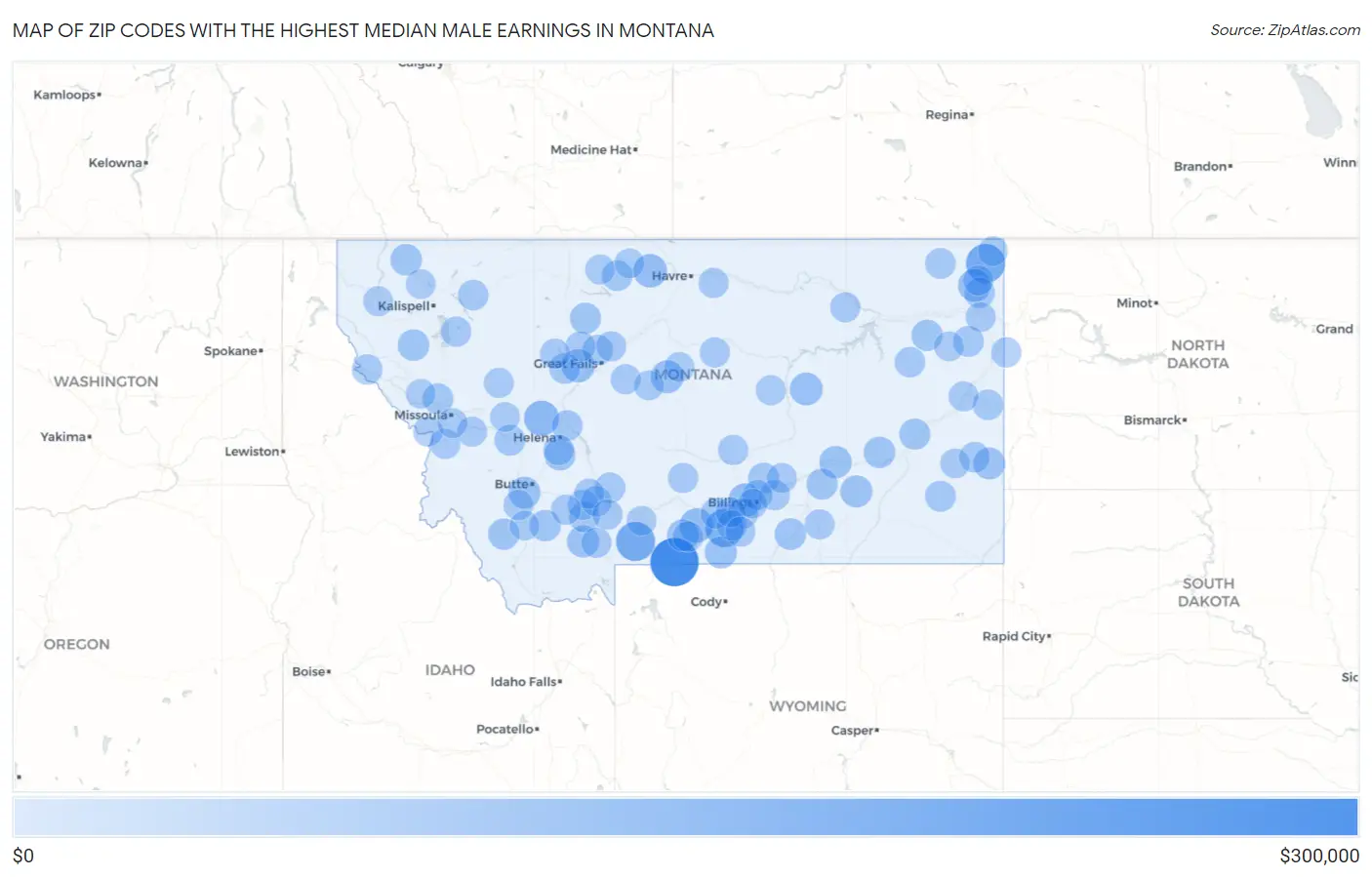Zip Codes with the Highest Median Male Earnings in Montana Map