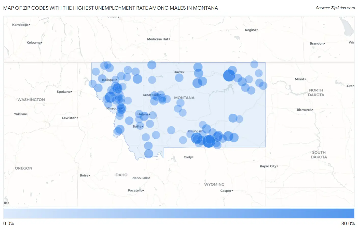 Zip Codes with the Highest Unemployment Rate Among Males in Montana Map