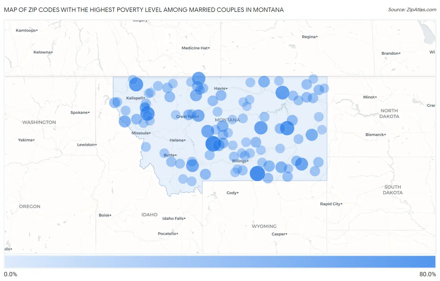 Zip Codes with the Highest Poverty Level Among Married Couples in Montana Map