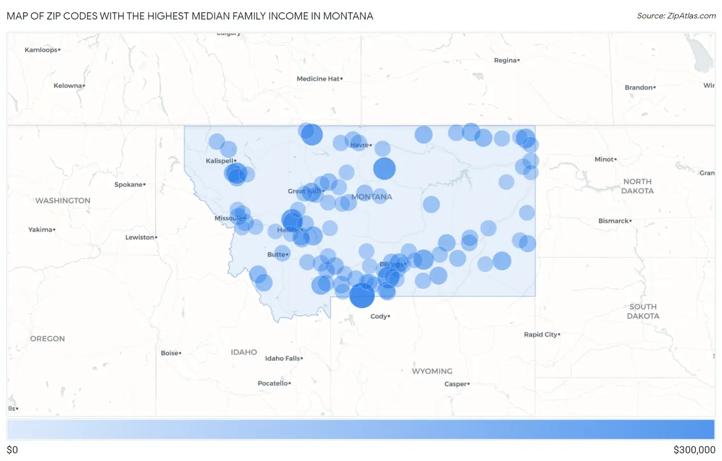 Zip Codes with the Highest Median Family Income in Montana Map