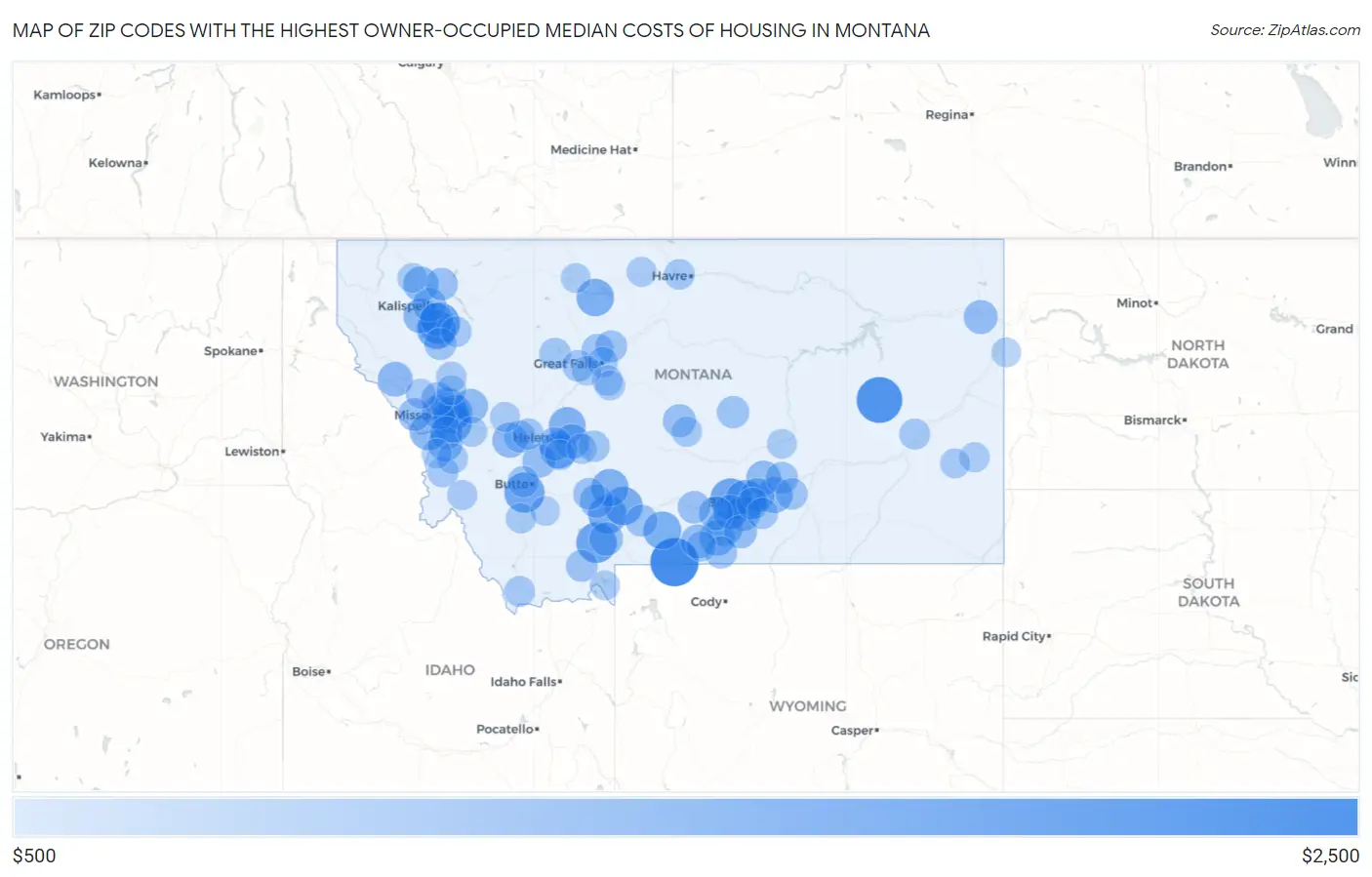 Zip Codes with the Highest Owner-Occupied Median Costs of Housing in Montana Map