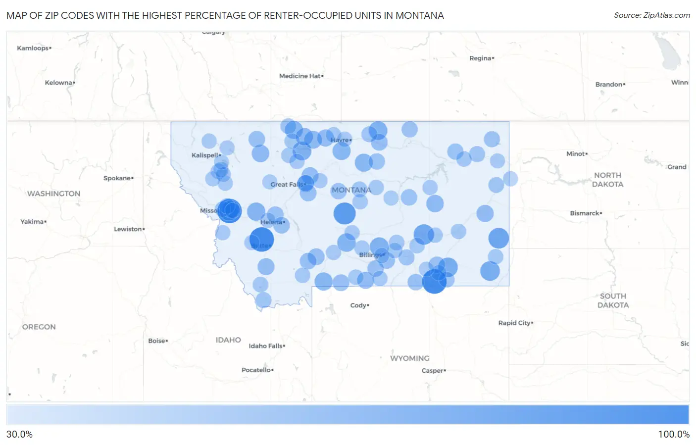 Zip Codes with the Highest Percentage of Renter-Occupied Units in Montana Map