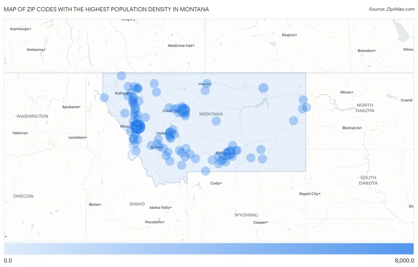 Zip Codes with the Highest Population Density in Montana Map
