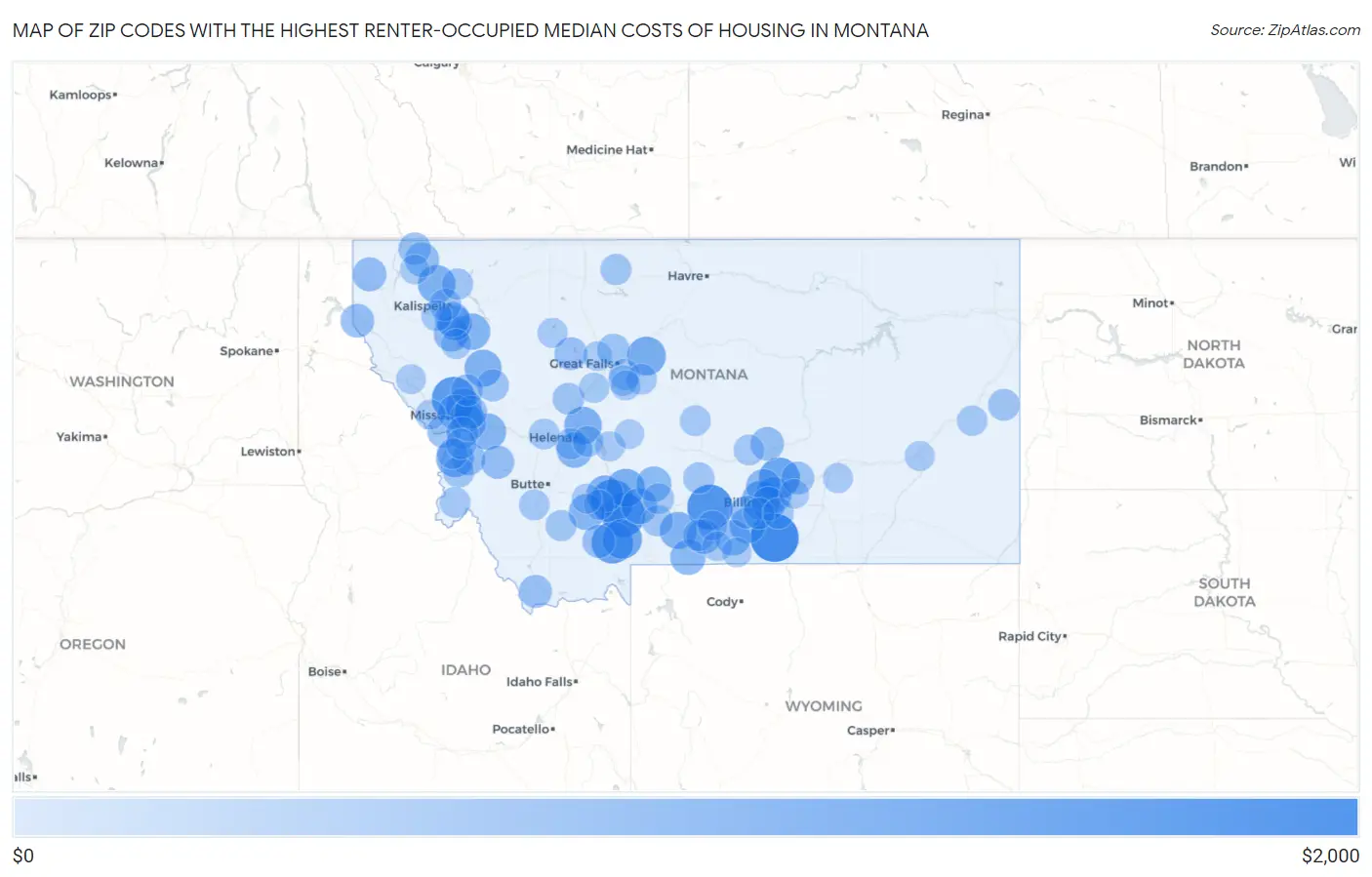 Zip Codes with the Highest Renter-Occupied Median Costs of Housing in Montana Map