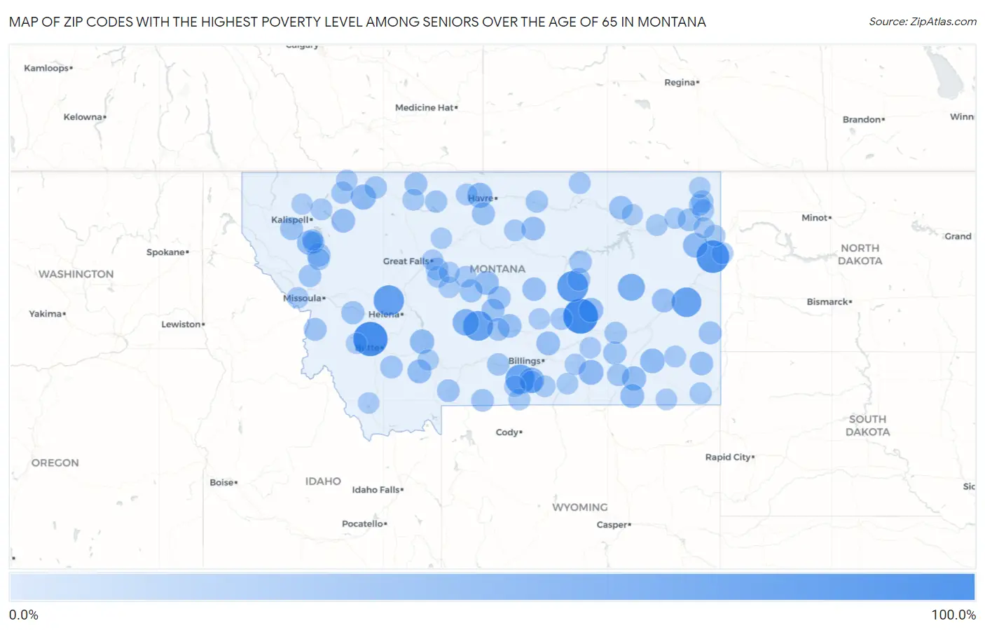 Zip Codes with the Highest Poverty Level Among Seniors Over the Age of 65 in Montana Map