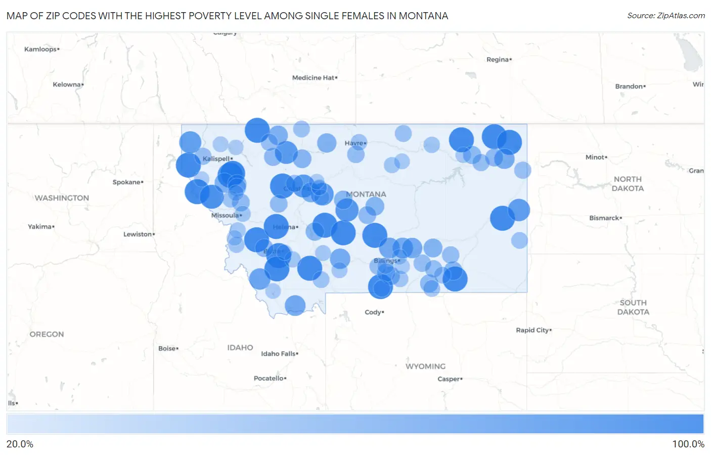 Zip Codes with the Highest Poverty Level Among Single Females in Montana Map