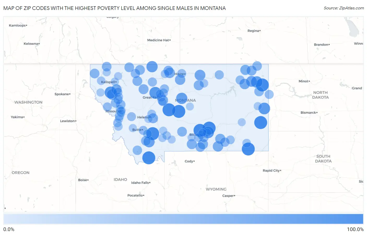 Zip Codes with the Highest Poverty Level Among Single Males in Montana Map