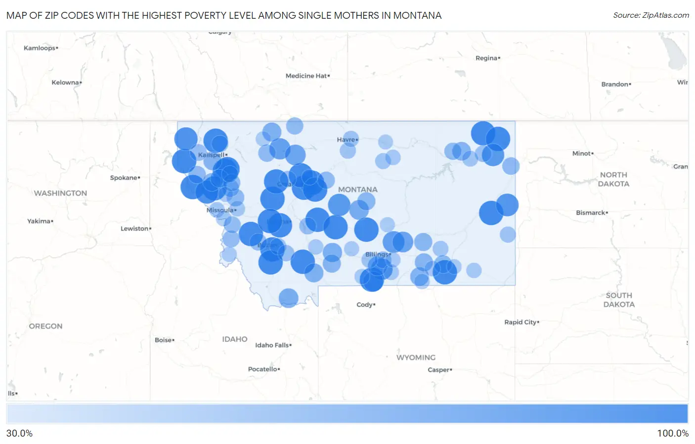Zip Codes with the Highest Poverty Level Among Single Mothers in Montana Map